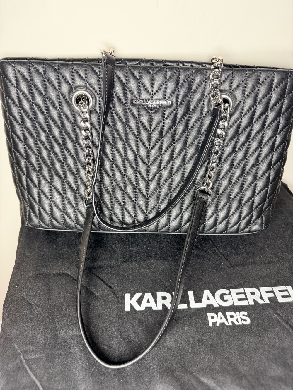 Karl Lagerfeld Black Quilted Tote Silver Chain Straps Paris karolina purse bag - Picture 6 of 8